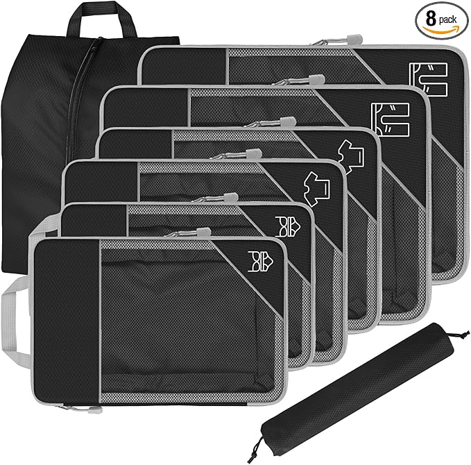8 Set Compression Packing Cubes for Travel, Expandable Luggage Organizer with Shoe Bag & Laundry Bag - Lightweight Suitcase & Backpack Travel Essentials (Black)