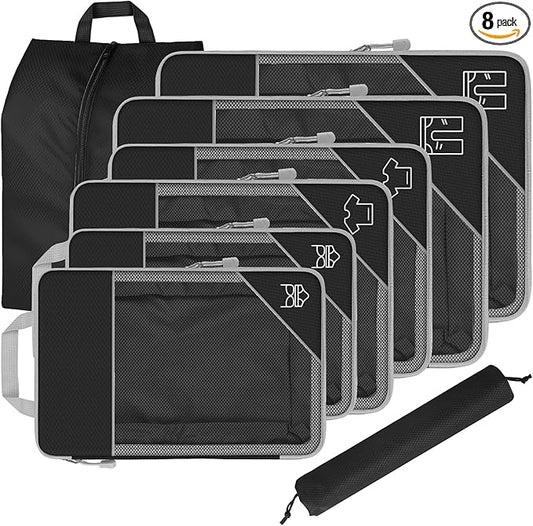8 Set Compression Packing Cubes for Travel, Expandable Luggage Organizer with Shoe Bag & Laundry Bag - Lightweight Suitcase & Backpack Travel Essentials (Black)