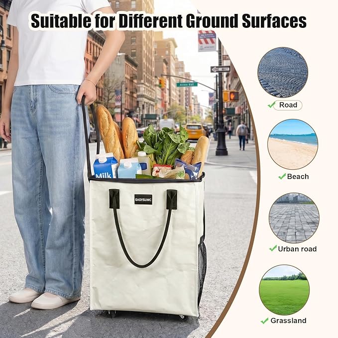 Reusable Hauler Rolling Tote Bag, Collapsible Portable Shopping Cart with Wheels for Groceries, Apartments Laundry, Organization, Heavy Duty Utility Tote, Travel and Moving, 75lbs, Beige