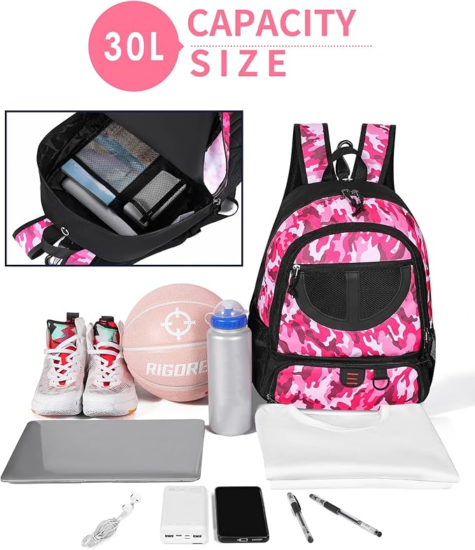 Basketball Bag Backpack for Men Women with Ball & Shoes Compartment 30L Capacity Lightweight Breathable Boys Girls Soccer Ball Bag Backpack Fit Volleyball Football Sports Travel School Gym