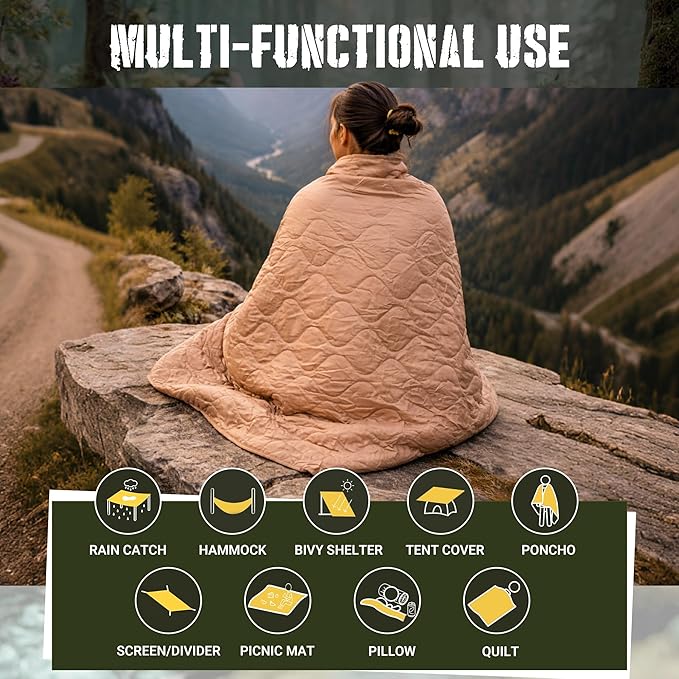 Lenotos Woobie Blanket, Thermal Insulated Military Poncho Liner, Water-Resistant, Portable, Insulation, for Hiking, Survival with Compression Carry Bag (Od - Coyote)