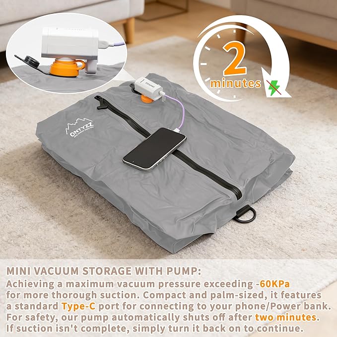 ONTYZZ Vacuum Bags for Travel, IPX8 Waterproof Space Saver Vacpack, GRS Certified Recycled Compression Bag with Pump (2PC Drak Grey)