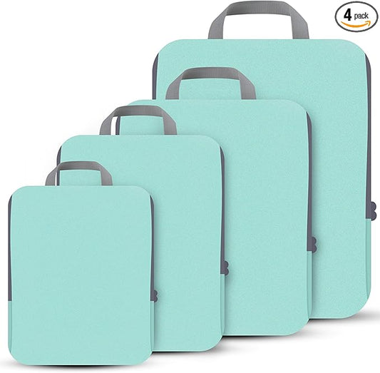PANDA JOYS 4 Set Compression Packing Cubes Travel - Travel Accessories Expandable Packing Organizers for Carry On - Essentials Luggage Bags - Light Teal