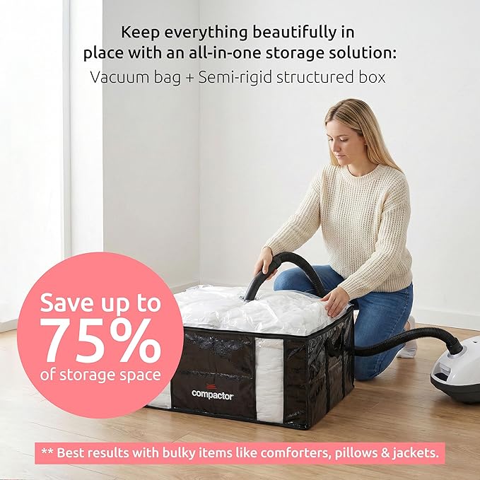 Compactor Vacuum Storage Bag with Semi-Rigid Box, Closet Organizer, Vacuum Seal Bags for Clothing and Bedding, Fits All Vacuum and Nozzle Types, 210L, Parissiene Black, XXL