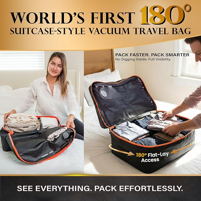 Premium Travel Vacuum Bags with Pump, 180° Open Carry on suitcase Compression Bags for Luggage, Reusable TPU Zipper Seal, Vacuum Bags for Travel with Pump, (2 Pack Compression Kit + Straps & Tracker)