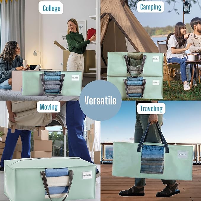 VENO 4 Pack Heavy Duty Moving Bags, Packing Bags with Clear Window, Alternative to Moving Boxes, Storage Bins for Clothes, Blankets, Comforters, College Dorm Essentials (Shiny Light Green, 4 Pack)
