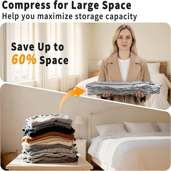 Reusable Vacuum Bags for Travel With Pump,Professional Waterproof IPX8 Zipper Vacuum Compression Bag for Suitcases Backpack,Space Saver Bags Packing Organizers forClothingPacking(2 Pack,Neutral Gray)