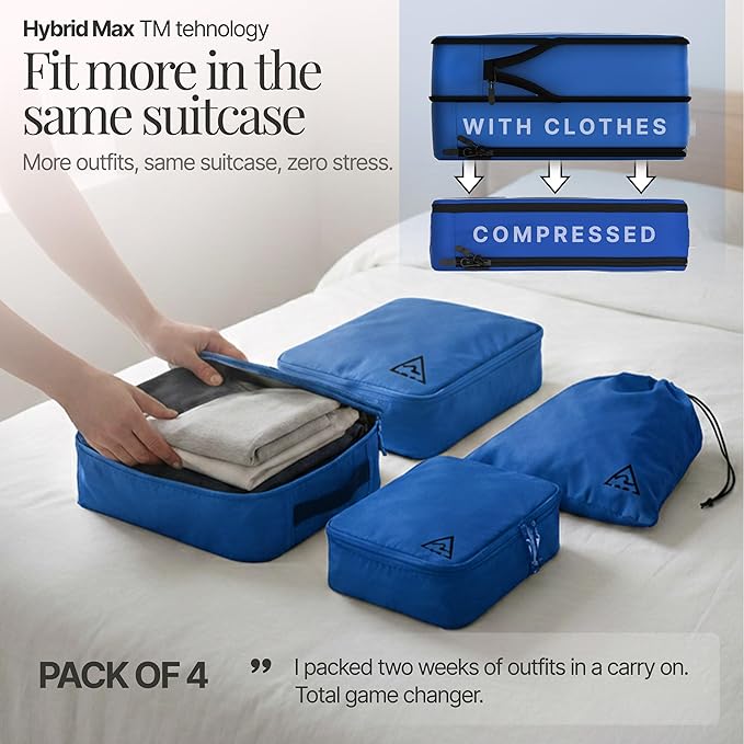 4-Piece Luxury Compression Packing Cubes & Bags for Travel – Maximize Space in Luggage with HybridMax Double-Capacity Design, 50 Luggage Tags, Patented Suitcase Organizer Bags, Lifetime Satisfaction