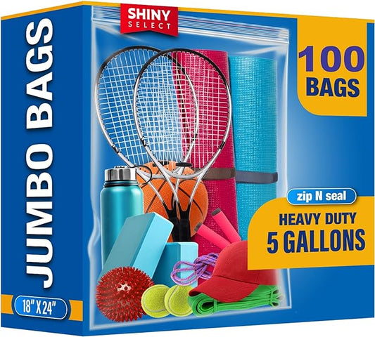 5 Gallon X-Large Storage Bags, 18”x24”, 100 Count – Big Clear Plastic Bag, Resealable Zip & Lock Top for Freezer, Food, Towels, Toiletries, Camping Gears, Seasonal Clothing, Pantry Items