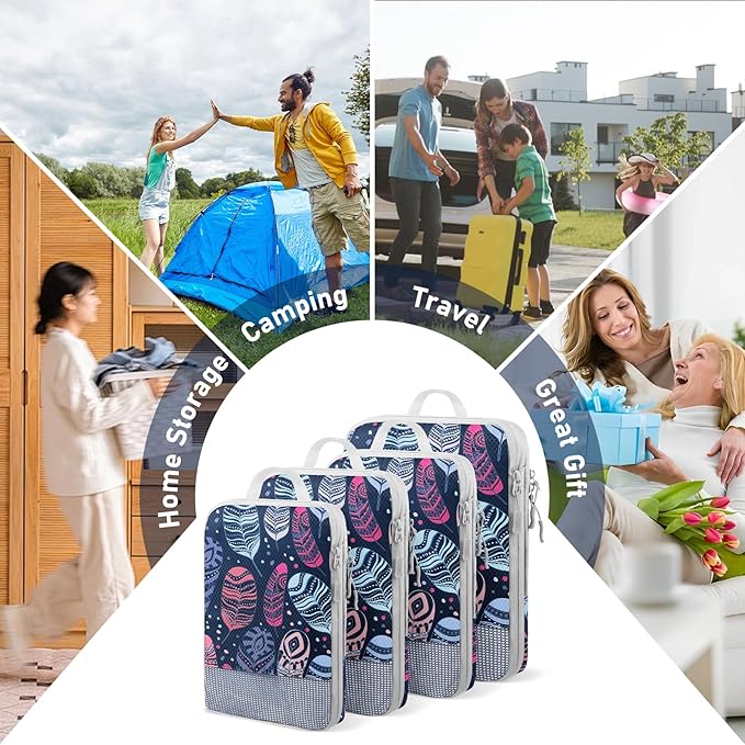 4 Set Compression Packing Cubes, Suitcase Organizer, Lightweight Travel Essentials, Compression Bags For Travel Accessories Luggage Storage Set (4Pcs, feather)