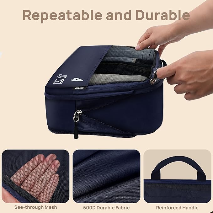 7 Set Compression Packing Cubes for Travel, Luggage Organizer Bags for Suitcases with Mesh Panels, Shoe Bag & Toiletry Bag for Carry On, Vacation & Cruise Essentials (Navy Blue)