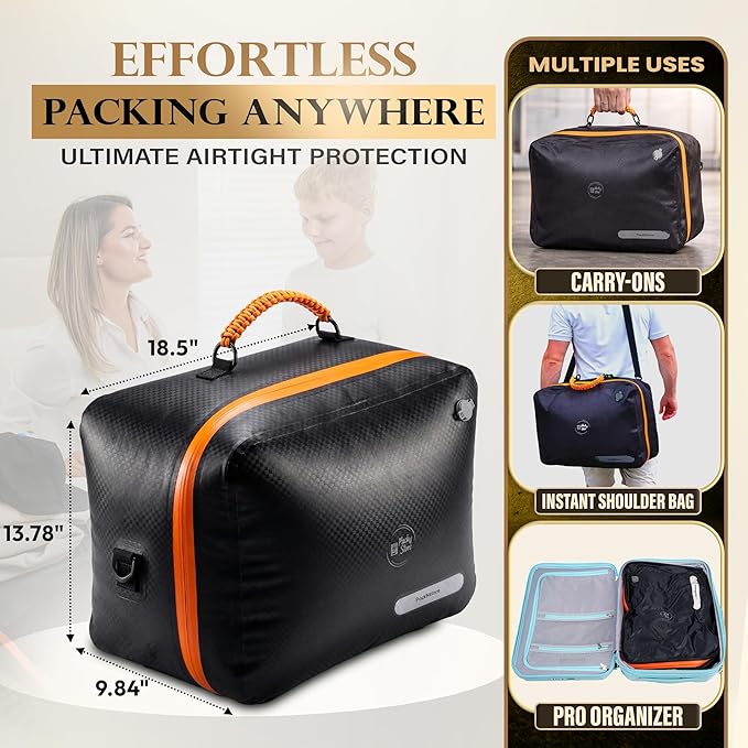 Premium Travel Vacuum Bags with Pump, 180° Open Carry on suitcase Compression Bags for Luggage, Reusable TPU Zipper Seal, Vacuum Bags for Travel with Pump, (2 Pack Compression Kit + Straps & Tracker)