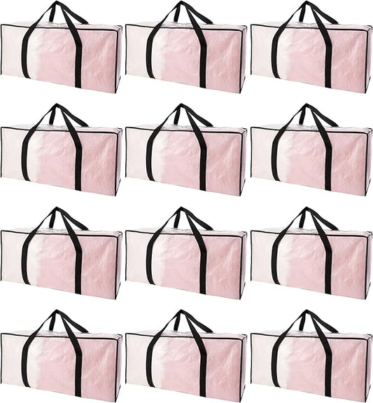 PANDA JOYS Extra Large Moving Bags with Zippers & Carrying Handles, Heavy-Duty Storage Tote for Space Saving Moving Storage, Fold Flat, Alternative to Box and Bin - 12 Pack, Semi-Transparent
