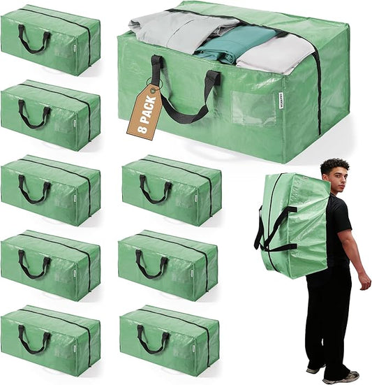 WORKPRO 8 Pack Extra Large Moving Bags with Zippers & Carrying Handles Backpack Straps, Heavy-Duty Storage Tote for Space Saving & Storage, Alternative to Moving Box (Green)