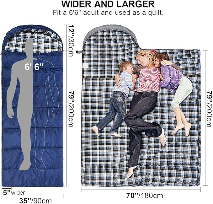 REDCAMP Flannel Sleeping Bag for Adults, Comfortable Cotton Envelope Sleeping Bags for Camping, Backpacking, Hiking, with Detachable Hood&Compression Sack, Blue/Red/Grey/Black