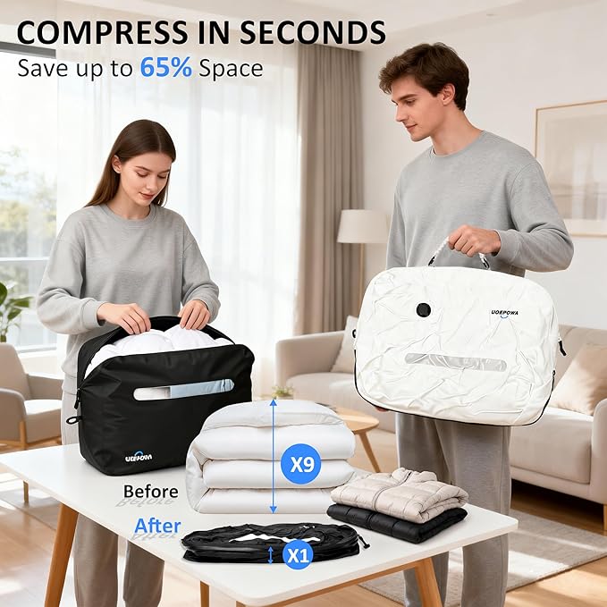 Travel Vacuum Bags with Pump, 33L Vacuum Seal Bags for Clothing, IPX8 Waterproof Vacuum Storage Bags with Handle for Luggage, Backpack, Suitcase, Home & Outdoor 1Pack Black