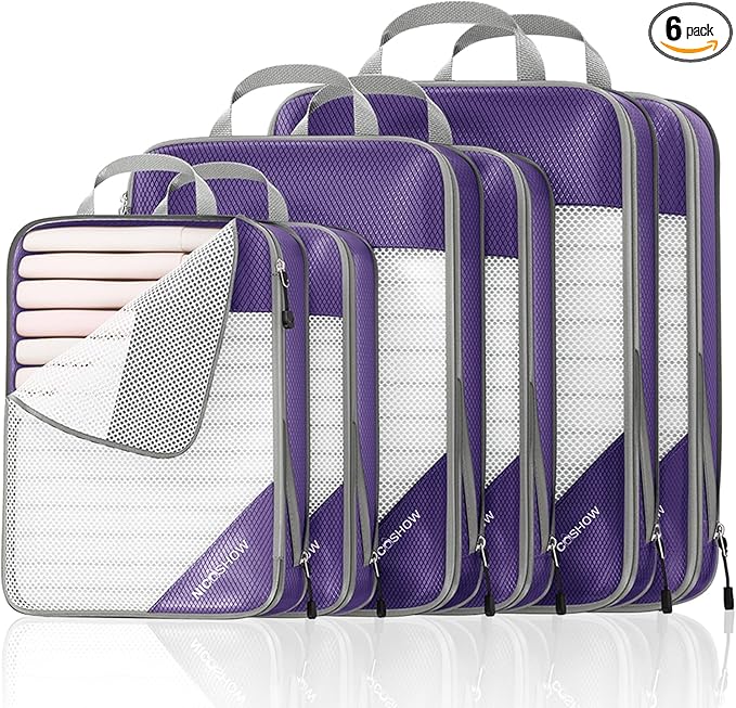 NICOSHOW Compression Packing Cubes 6 Set, Compressible Space-Saving Packing Cubes for Travel - Compression Bags, Luggage Organizer, Travel Essentials for Women, Purple