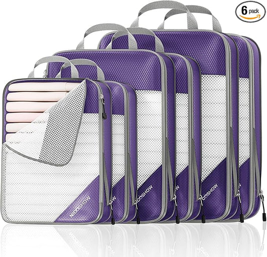 NICOSHOW Compression Packing Cubes 6 Set, Compressible Space-Saving Packing Cubes for Travel - Compression Bags, Luggage Organizer, Travel Essentials for Women, Purple