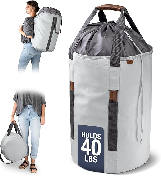 CleverMade Laundry Duffel Backpack Bag, 62L Large Laundry Bag with Straps, Drawstring Closure, Heavy Duty Laundry Backpack for Dorm, Travel, Gym, College, XL Foldable Clothes Hamper Tote, Gray