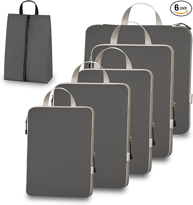 Compression Packing Cubes for Travel, Set of 6 Expandable Luggage Organizers with Shoe Bag, Lightweight Water-Resistant Suitcase Essentials for Carry-on & Checked Luggage, Grey