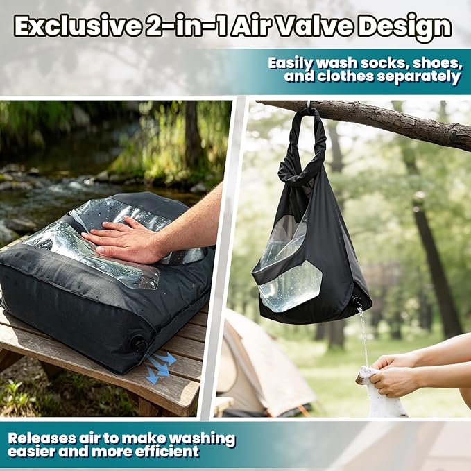Travel Washing Bag, 2-in-1 Air Valve Design for Separate Washing and Less Water Use, Portable Travel Laundry Washing Bag for Camping, Cruise and RV Living - Travel Lighter, Carry Less