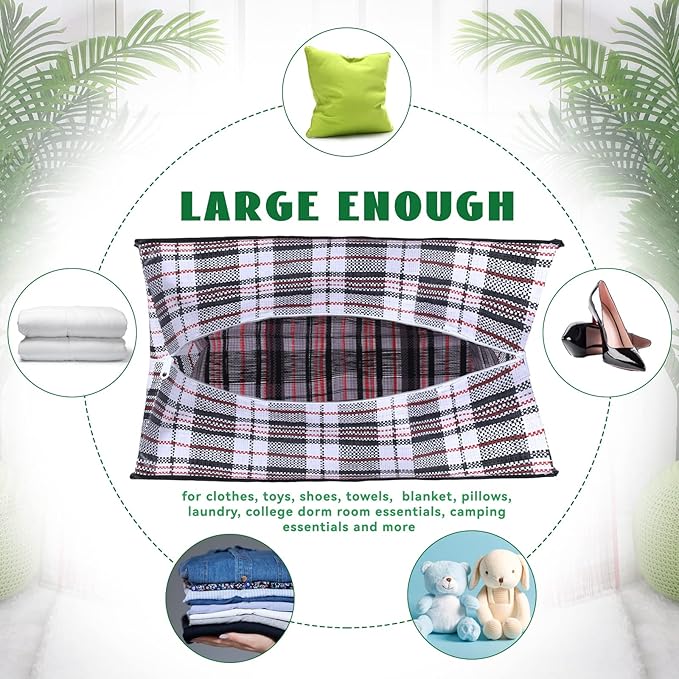 Hoolerry 8 Pcs Large Plastic Laundry Bag with Zipper 82.5 L Checkered Moving Bag Heavy Duty with Handles for Packing Clothes Travel Bedding Blanket, 19.7 x 21.7 x 11.8 Inch