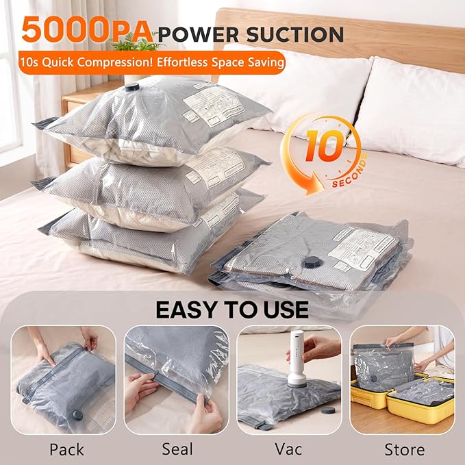 Vacuum Storage Bags, Space Saver Travel Bags with Rechargeable Wireless Pump, Carry-on Size Reusable Tear-Proof Compression Packing Cubes for Heavy Clothes/Bedding/Luggage/Moving 18 Combo Size
