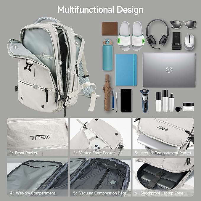 Vacuum Compression Backpack for Travel, Carry on Backpack with Vacuum System & Pump, Packs Like 55L for 5-7 Day Trips, Fits 17" Laptop, Water-Resistant Business Travel Backpack for Men/Women