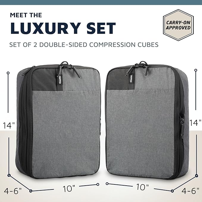 Premium Compression Packing Cubes with Dirty Clean Split Compartment- Double Sided with Luggage Labels -Set of 2