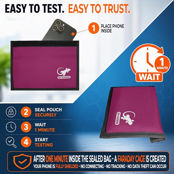Gecko Travel Tech Faraday Bag Anti-Tracking GPS RFID Car Key Signal Blocker Wallet Shielding Pouch Protective Case for Cell Phone Car Key FOB, Data Privacy, Electronic Device Security (PINK - NYLON) - Image 8