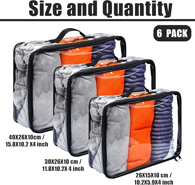 Hillban 6 Pcs Black Large Clear Travel Packing Cube 3 Sizes See Through PVC Organizer for Suitcase Multipurpose Pouch with Handle Vinyl Zippered Storage Bags Luggage Cube Organizer