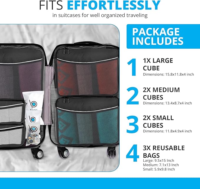 bago 8 Pcs Packing Cubes for Travel - 5 Travel Packing Cubes for Suitcases with 3 ZipLock Bags, Luggage Organizer Bags to Get Maximum Storage, Save Time & Effort to Pack (Black)