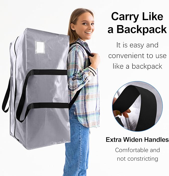 VELVETSURE Heavy Duty Extra Large Moving Bags W/Backpack Straps - Strong Handles & Zippers, Storage Totes For Space Saving, Fold Flat, Alternative to Moving Box and Storage Bin (Set of 6, Silver)