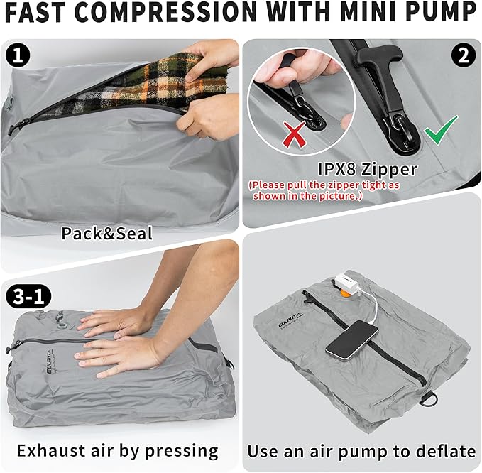 Reusable Vacuum Bags for Travel With Pump,Professional Waterproof IPX8 Zipper Vacuum Compression Bag for Suitcases Backpack,Space Saver Bags Packing Organizers for Clothing Packing(3 Pack,Gray)