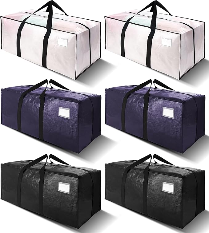 VELVETSURE 6 Pack Heavy Duty Large Moving Bags W/Backpack Straps - Strong Handles & Zippers, Storage Totes, Fold Flat, Alternative to Moving Box and Storage Bin, Semi-Transparent+Blue+Black