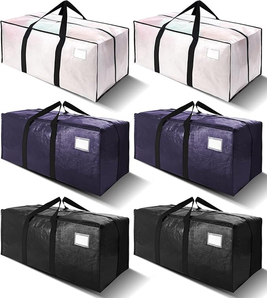 VELVETSURE 6 Pack Heavy Duty Large Moving Bags W/Backpack Straps - Strong Handles & Zippers, Storage Totes, Fold Flat, Alternative to Moving Box and Storage Bin, Semi-Transparent+Blue+Black