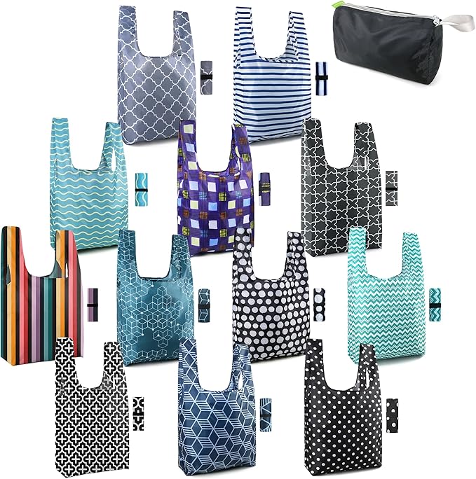 BeeGreen Geometry Reusable Grocery Bags Bulk Gifts 12-Pack - Large Tote with Zipper Pouch | Foldable & Washable Polyester Shopping Bags Heavy Duty Animal Lover Gifts Reusable Bag With Handles
