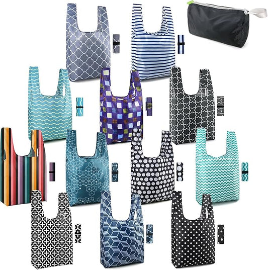 BeeGreen Geometry Reusable Grocery Bags Bulk Gifts 12-Pack - Large Tote with Zipper Pouch | Foldable & Washable Polyester Shopping Bags Heavy Duty Animal Lover Gifts Reusable Bag With Handles