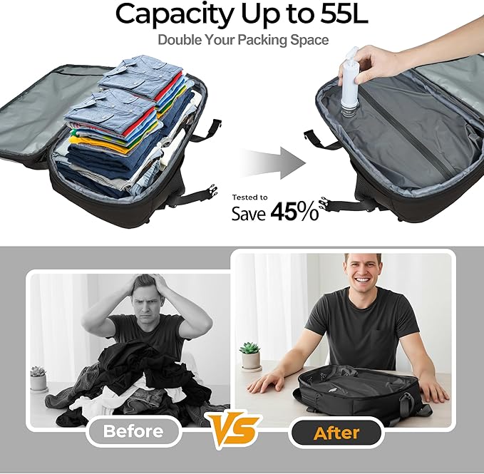 Vacuum Compression Backpack for Travel, Carry-On Backpack with Vacuum System & Pump, Packs Like 55L for 5-7 Day Trips, Fits 17" Laptop, Water-Resistant Business Travel Backpack for Men/Women