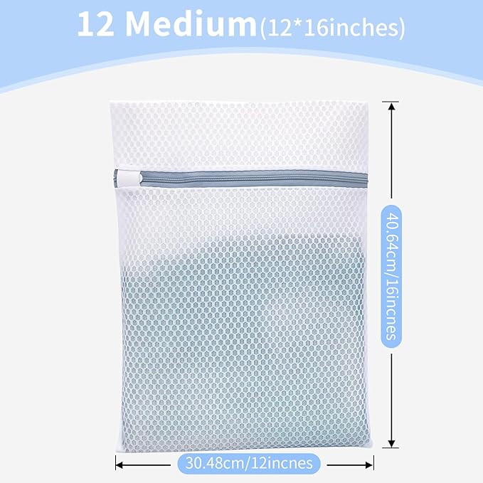 Laundry Bags Mesh Wash Bags for Delicates with Strong Zipper,Upgraded Honeycomb and Fine Mesh Design Delicate Laundry Bag for Clothes, Bras and Socks&Travel Organization (12X16IN, 12PCS)