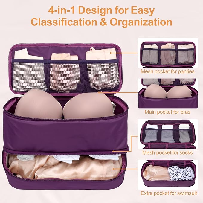 Cambond Travel Underwear Organizer Bag - 4-in-1 Soft Double Layer Bra Travel Bag, Portable Expandable Compression Packing Organizers, Underwear Storage Bag Packing Cubes for Women