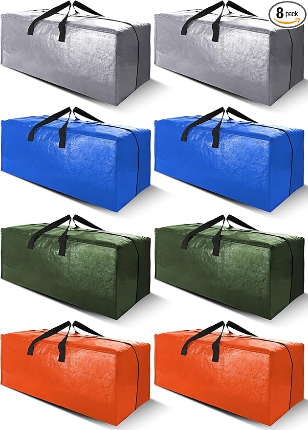Cosy Family 8 Pack Heavy Duty Extra Large Moving Bags with Backpack Straps - Strong Handles & Zippers, Storage Totes For Space Saving, Fold Flat, Alternative to Moving Box (40 gal, Multicolored)
