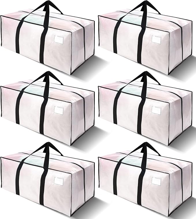 6 Pack Heavy Duty Extra Large Moving Bags W/Backpack Straps - Strong Handles & Zippers, Storage Totes For Space Saving, Fold Flat, Alternative to Box and Bin (40 gal, Semi-Transparent)