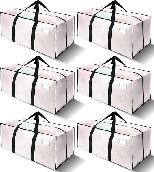 VELVETSURE 6 Pack Heavy Duty Large Moving Bags W/Backpack Straps - Strong Handles & Zippers, Storage Totes For Space Saving, Fold Flat, Alternative to Moving Box and Storage Bin, Semi-Transparent