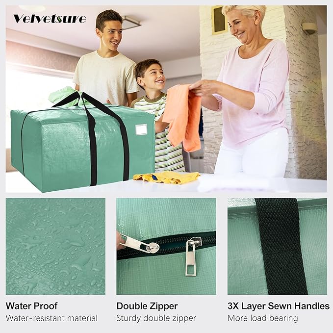 VELVETSURE 12 Pack Heavy Duty Large Moving Bags W/Backpack Straps - Strong Handles & Zippers, Storage Totes For Space Saving, Fold Flat, Alternative to Moving Box and Storage Bin, Teal