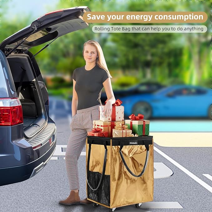 (Medium, Gold) Reusable Grocery Bag on 4 Wheels, Foldable Rolling Tote Carries Up to 66lb Shopping Trolley, Rolling Bag with 3 Handles, Zipper Clouser Rolling Tote Bag with Wheels for Laundry