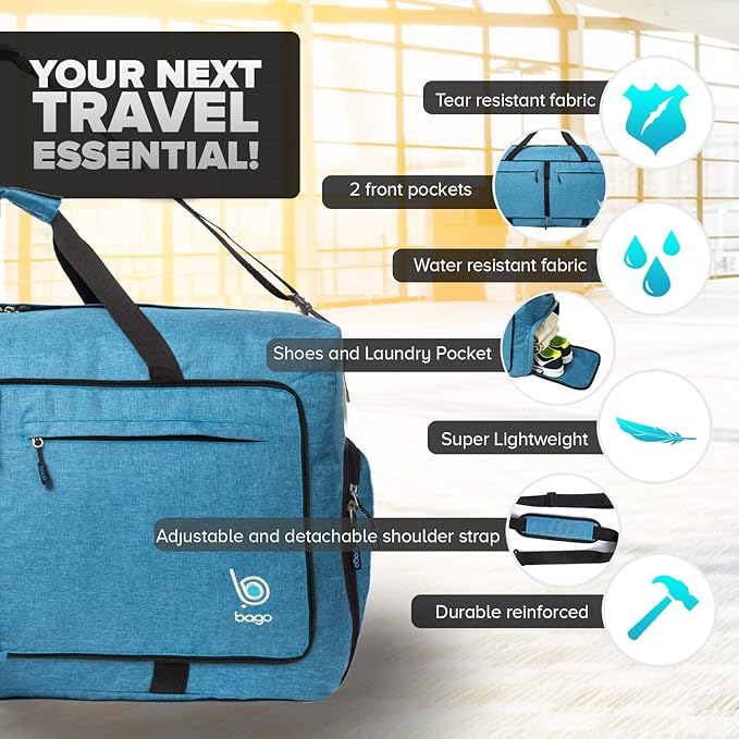 Bago Large Duffle Bag for Travel Women & Men. Durable Lightweight Foldable Travel Duffel Bags For Traveling Women. 100L Duffle Bags for Overnight Bag With Shoe Compartment Collapsible Weekender duffel