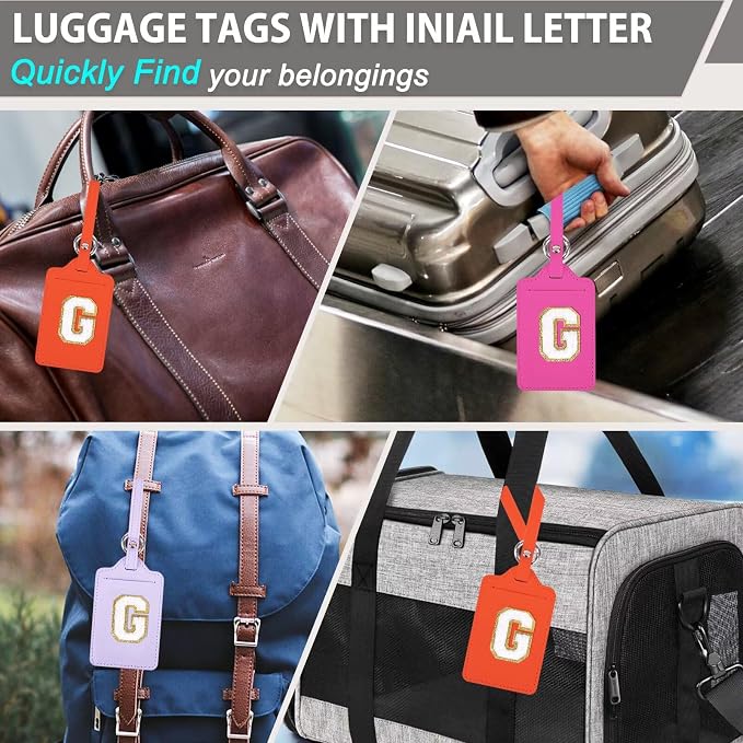 Personalized Initial Luggage Tags for Suitcases, Leather Chenille Letter Cute Luggage Tags with Privacy Name Card, Embroidered Travel Bag Backpack Tag Gifts for Women Kids Girls Teens(Purple-G) - Image 6