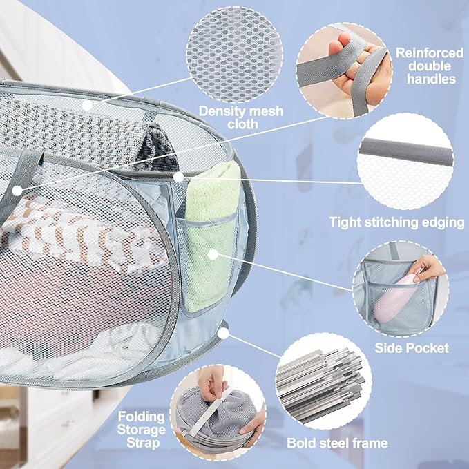 4PCS Mesh Laundry Hamper,Collapsible Laundry Baskets,75L Large Foldable Dirty Laundry Clothes Hamper Storage Basket Horizontal with Side Pocket&carry Handle for Home Travel grey Emerald