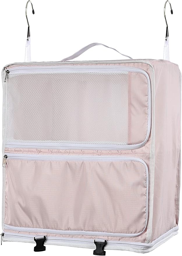 ELEZAY Hanging Packing Cubes Portable Closet 3-Shelf Travel Collapsible Compression Garment Organizer for Carry-on Luggage Suitcase Space Saver Bag X-Large_No Side Pockets, Blush Pink